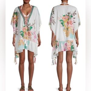 Z&L Made With Love boho cover-up floral pom-pom caftan kimono lightweight cotton